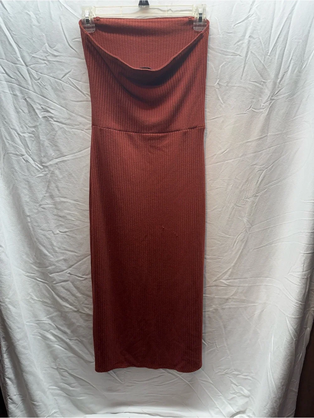 Abercrombie & Fitch Ribbed Strapless Maxi Dress Rust Burgundy Size M Side Slit